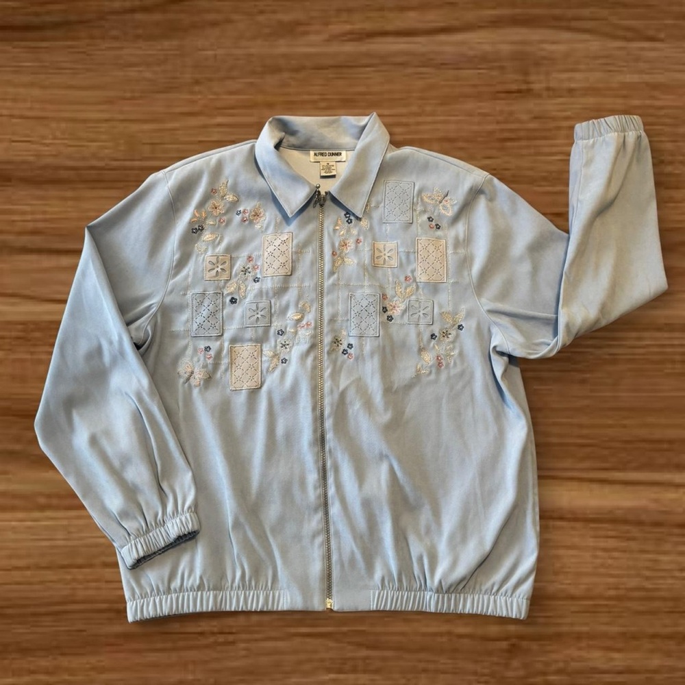 Alfred Dunner Blue Vintage Embroidered Zip Jacket
